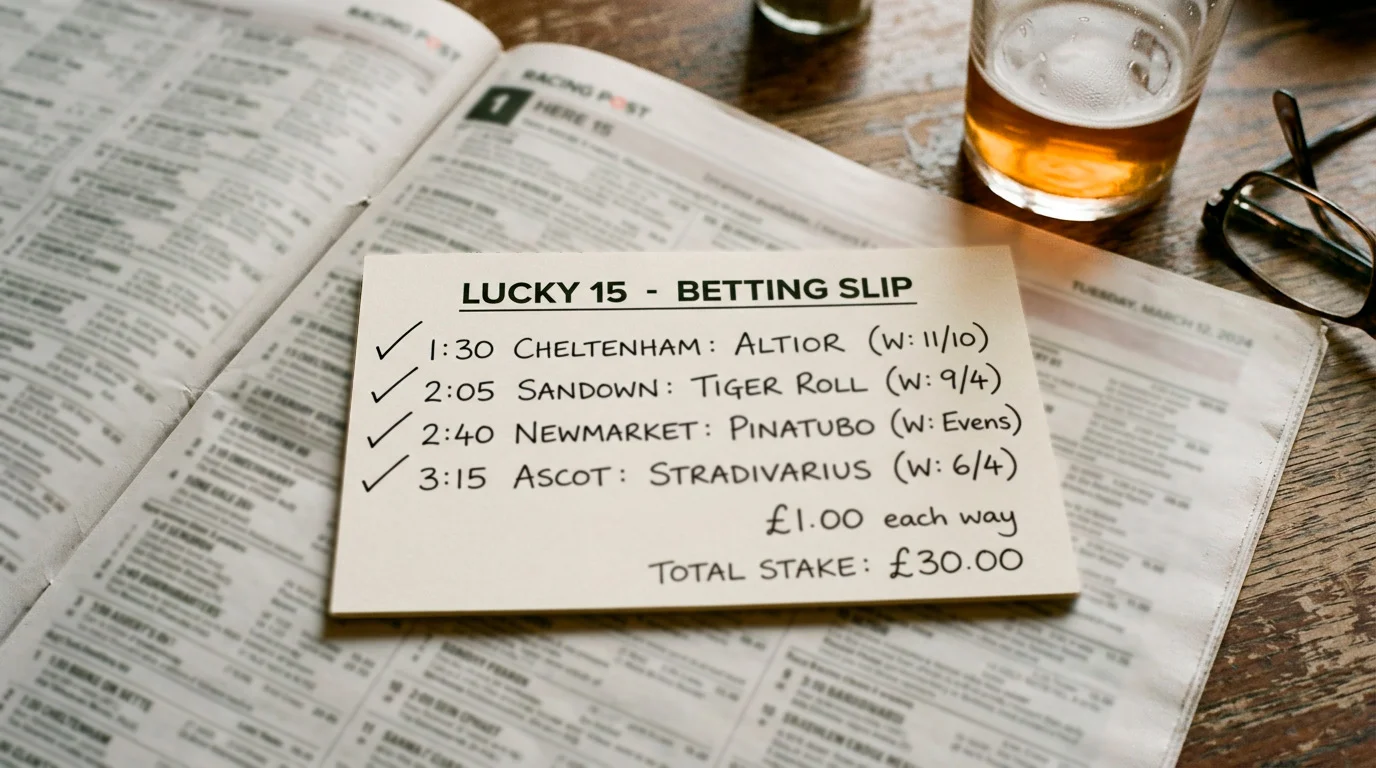 Betting slip showing a Lucky 15 accumulator on four UK horse racing selections
