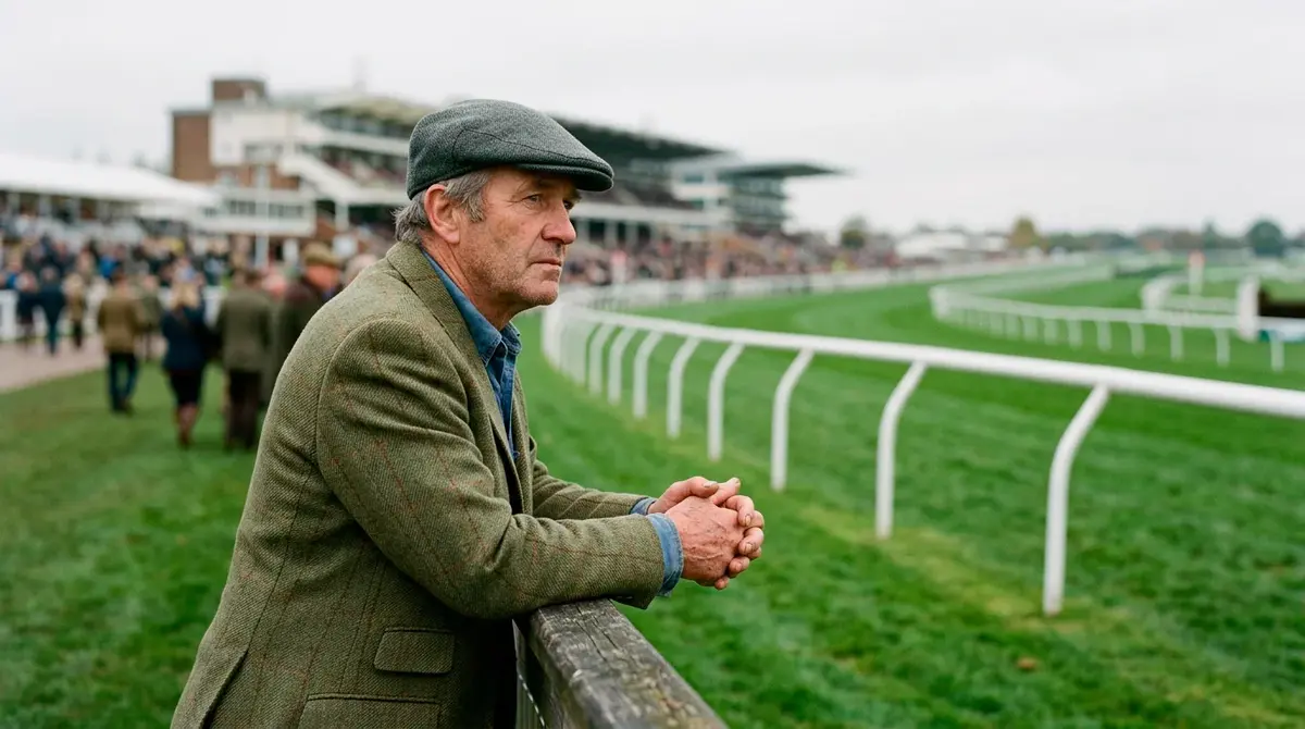 A British punter in a flat cap standing alone at a UK racecourse rail looking out over an empty turf strip under overcast light