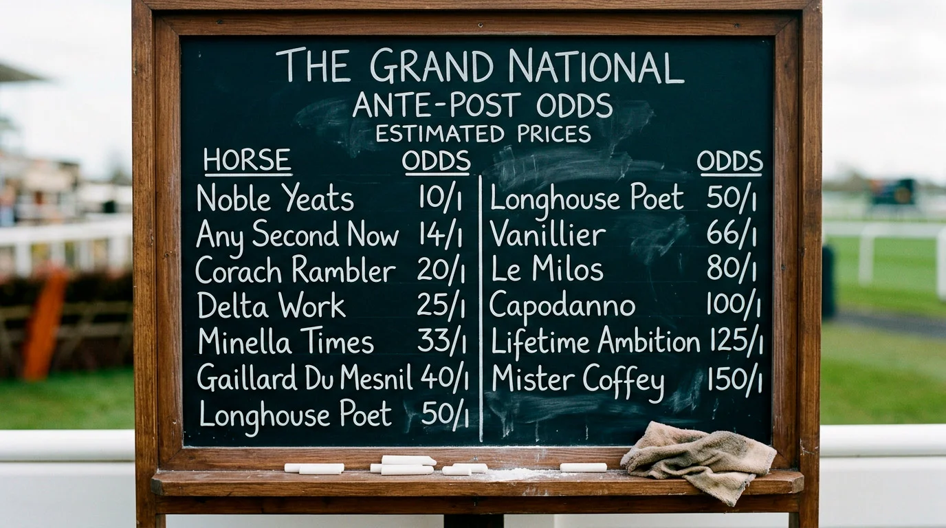 Ante-post odds board showing horse racing futures prices at a UK bookmaker
