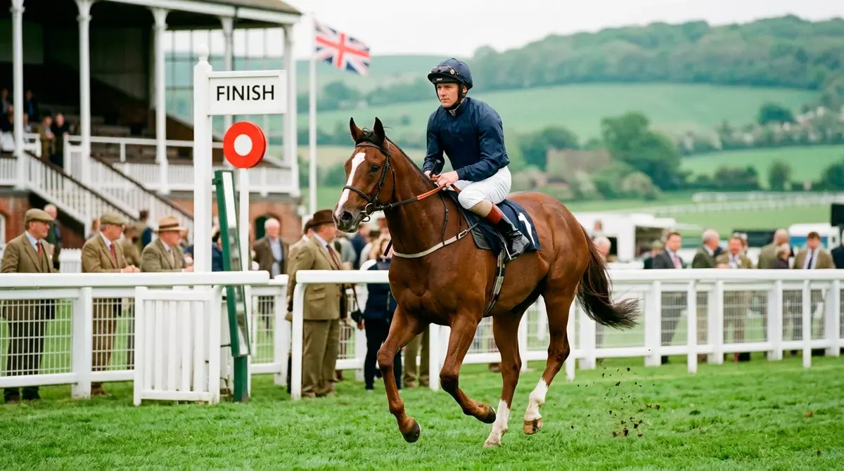 Thoroughbred racehorse and jockey cantering past a white wooden winning post at a British racecourse in spring sunlight