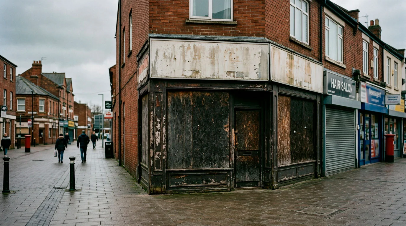 Closed UK betting shop with boarded-up windows and faded signage on a high street