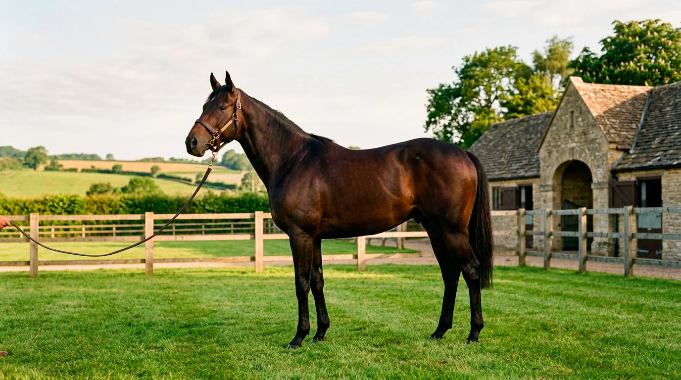 Thoroughbred stallion at a British stud farm on a summer morning