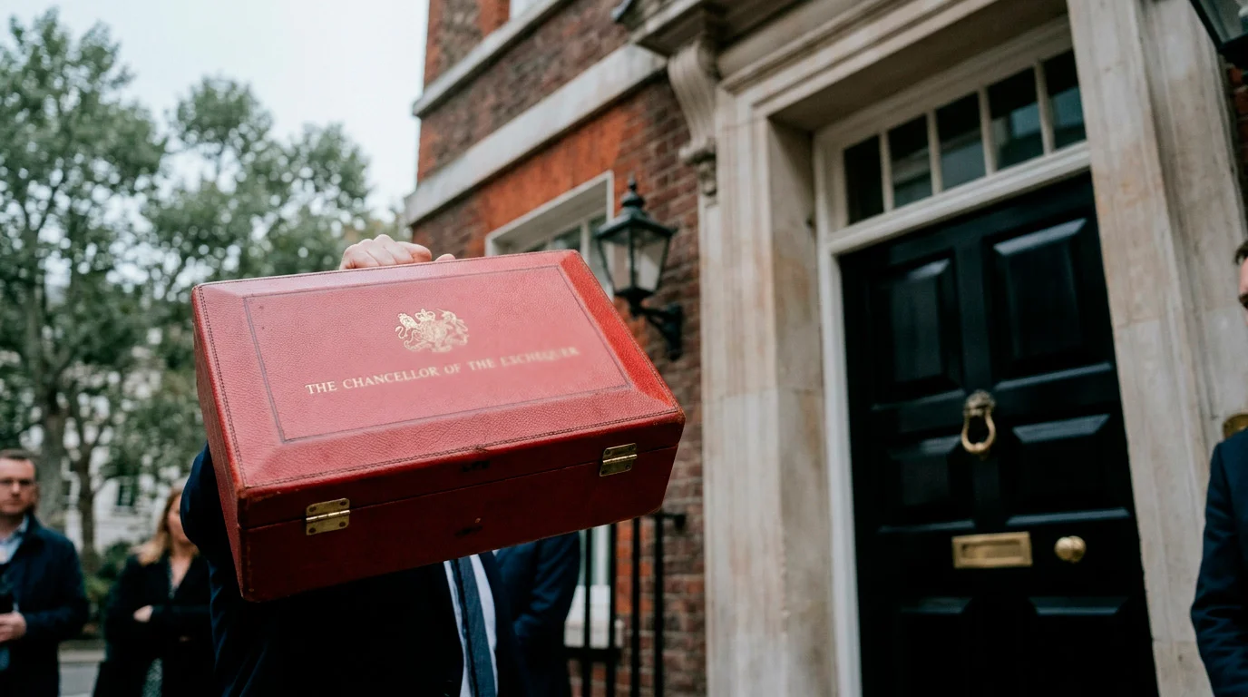 Chancellor's red despatch box held up outside 11 Downing Street on Budget day