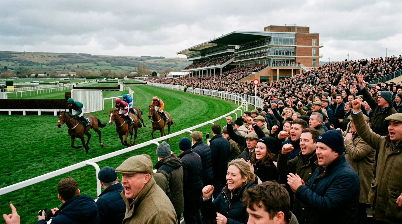 Crowd watching a race finish at the Cheltenham Festival in the Cotswolds