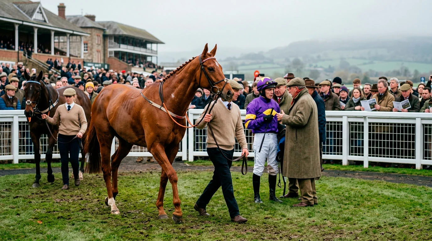Horses walking around the paddock at Cheltenham Festival before a championship race with connections watching