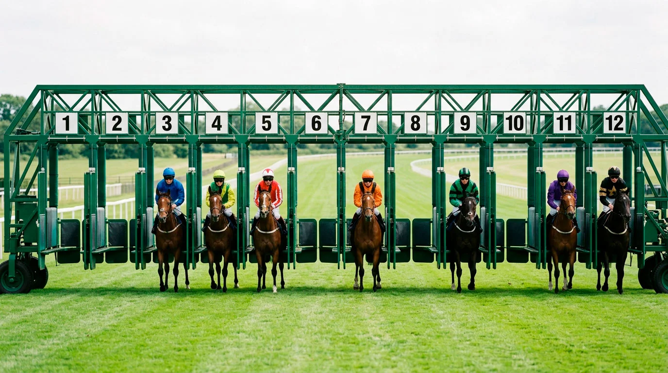 Starting stalls at a UK Flat racecourse with draw numbers visible on the front