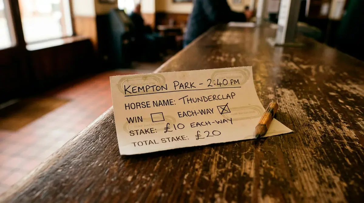 Close-up of a UK betting slip marked each-way with stake written in ink and race time visible