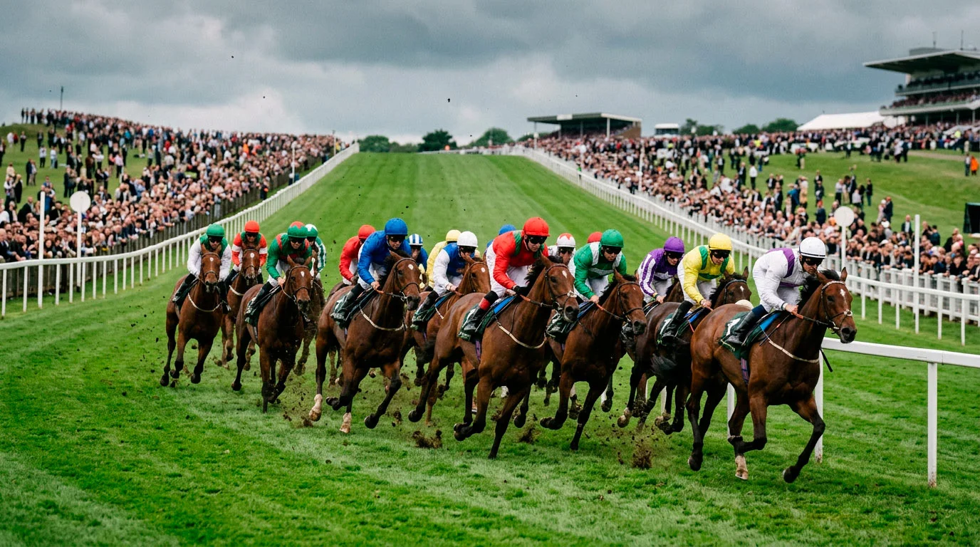Runners rounding Tattenham Corner at Epsom during the Derby