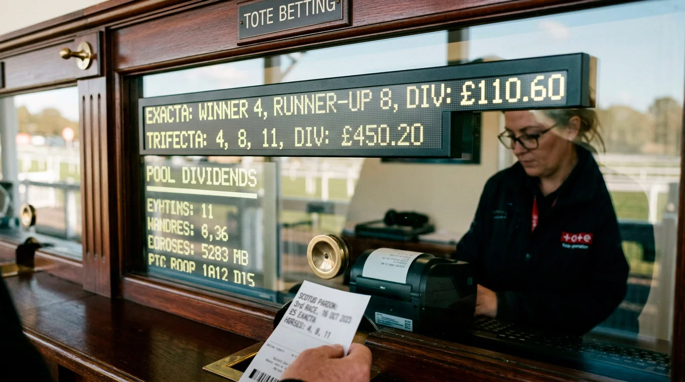Tote betting window display showing exacta and trifecta pool dividends