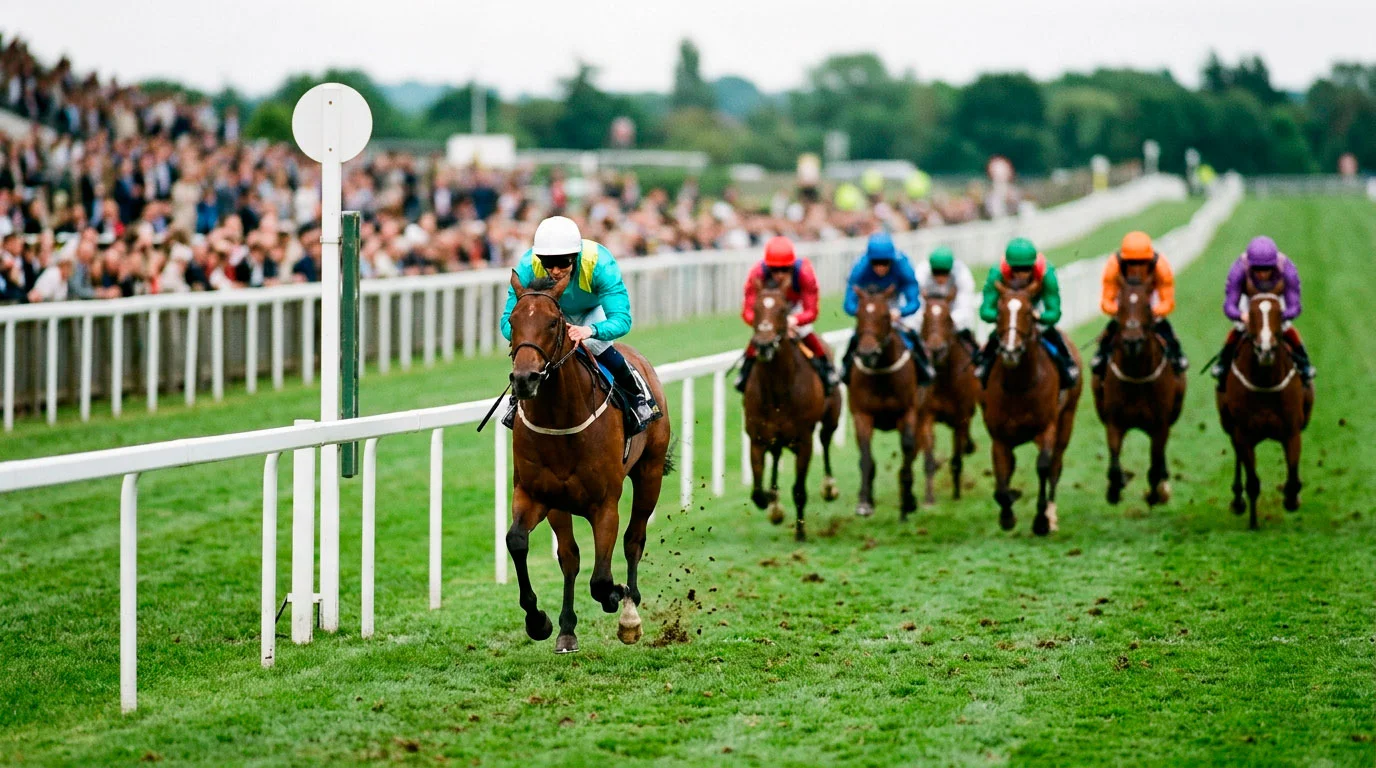 Favourite horse leading the field near the finishing post at a UK racecourse