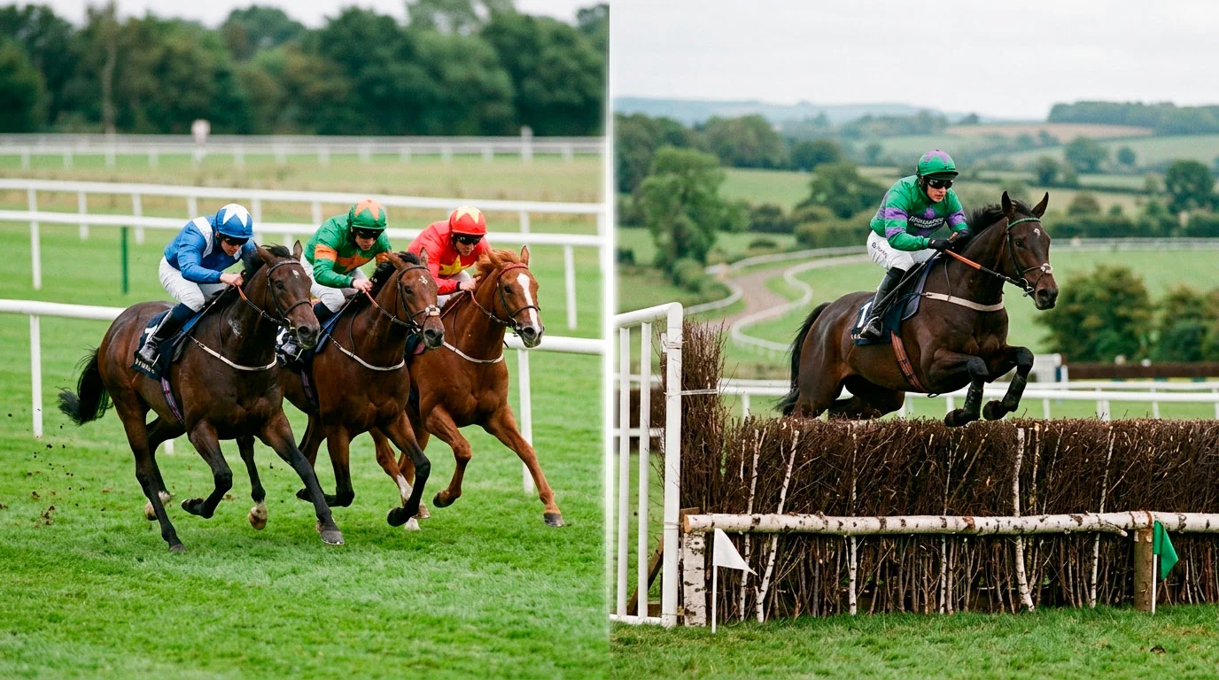 Split image showing a Flat racing sprint finish and a National Hunt steeplechase jump
