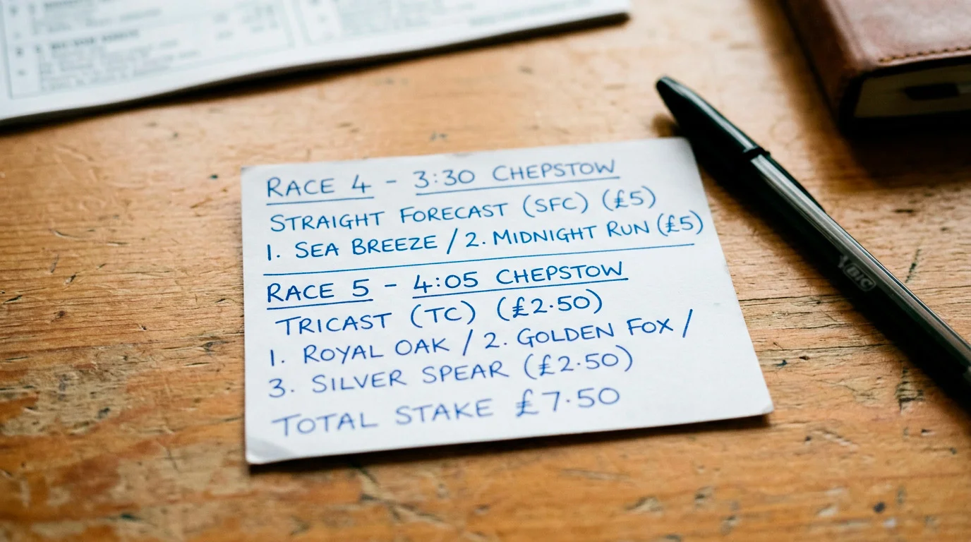 Betting slip marked with a straight forecast and tricast on a UK horse race