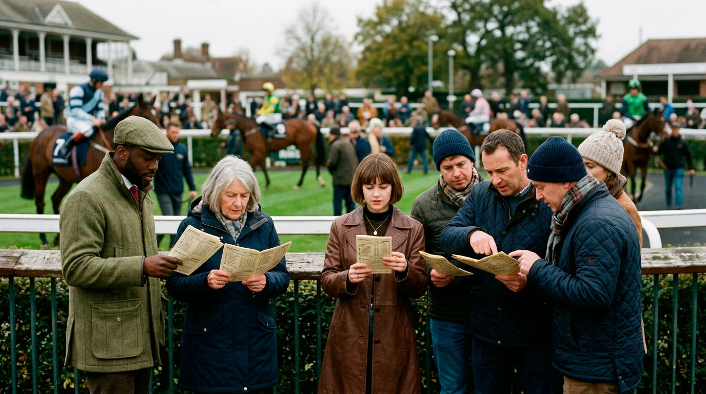 Diverse crowd of punters at a UK racecourse studying the racecard