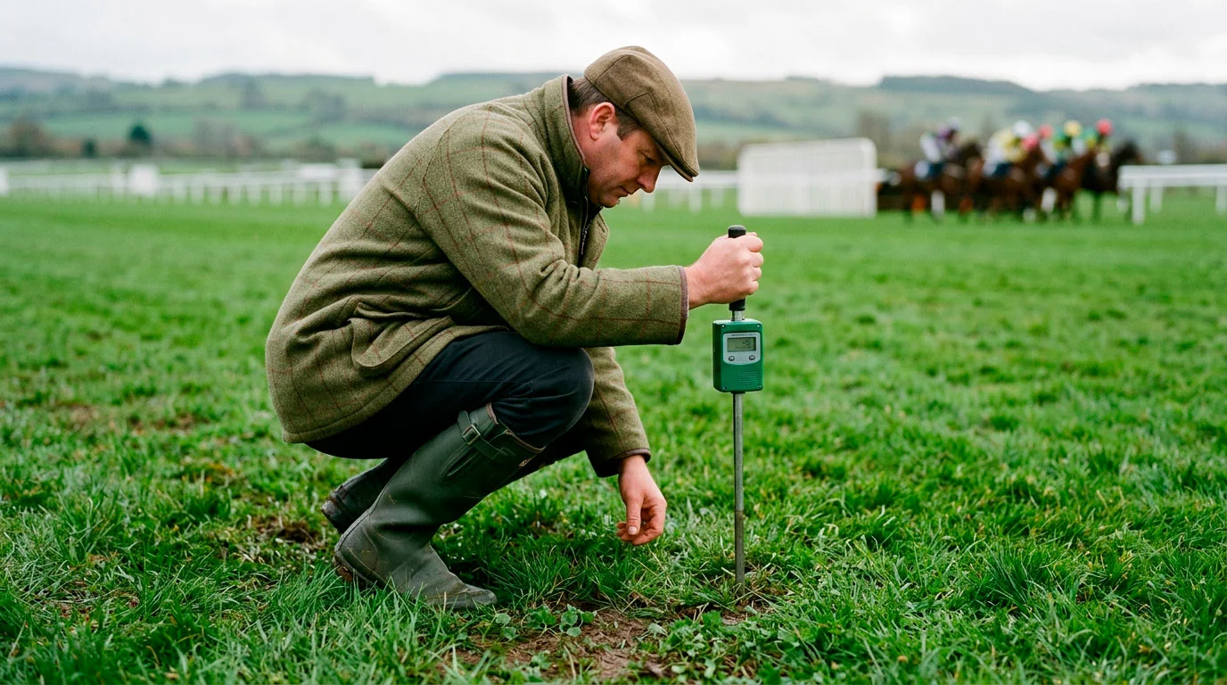 Clerk of the course inserting a going stick into the turf at a UK racecourse