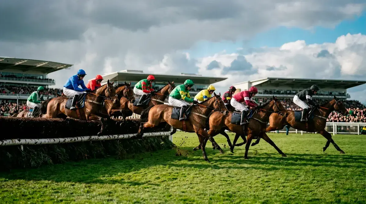 Aintree racecourse grandstand crowd with runners jumping the Chair fence in soft afternoon light