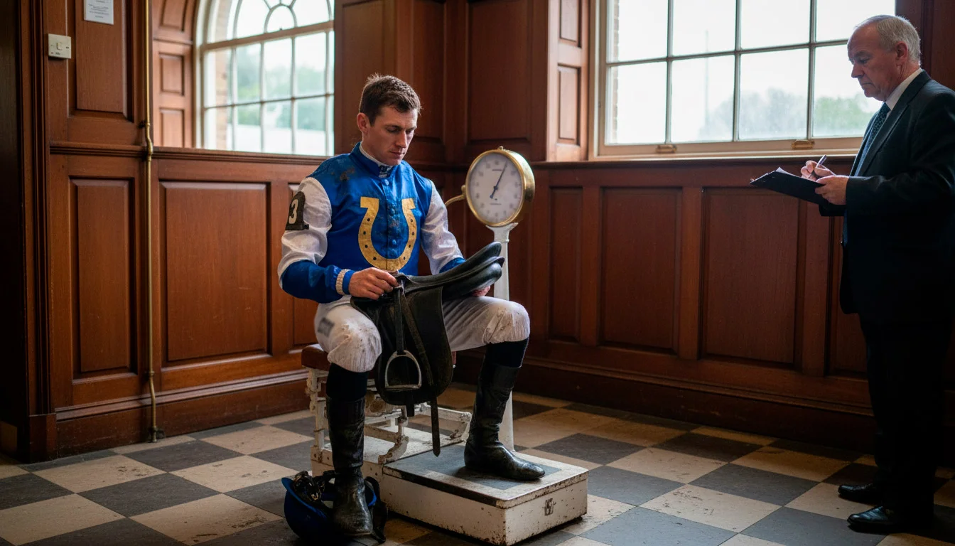 Jockey weighing in with saddle after a UK handicap race