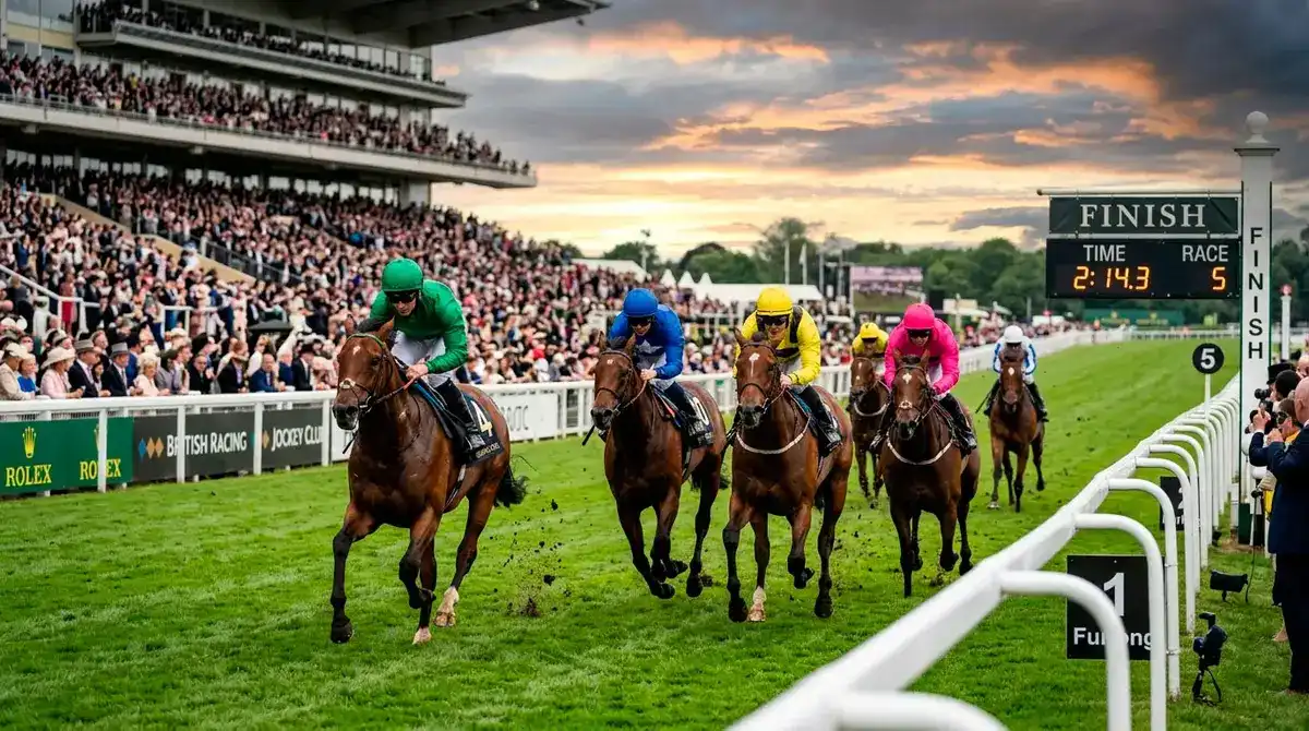 Wide view of a British racecourse finishing straight on Grand National Saturday with runners mid-stride