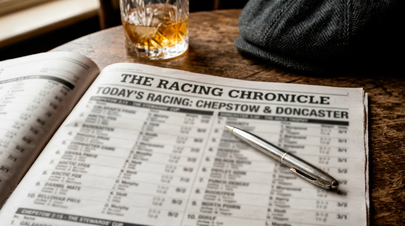 Close-up of a British racing newspaper showing form figures, weights and jockey names next to a pen