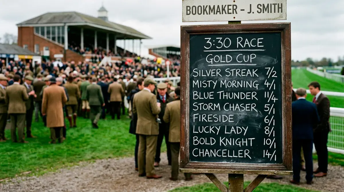 UK racecourse bookmaker board showing fractional odds on chalk against a grey sky