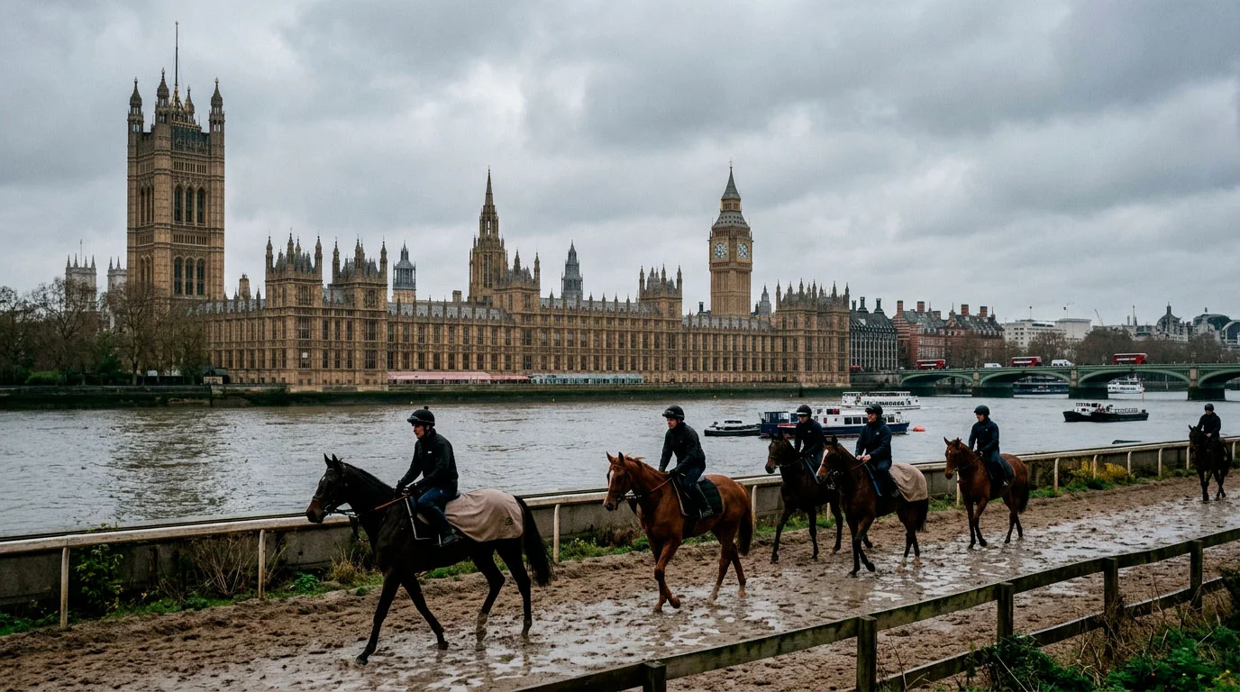 UK Parliament building and a horse racing silhouette illustrating the Levy mechanism
