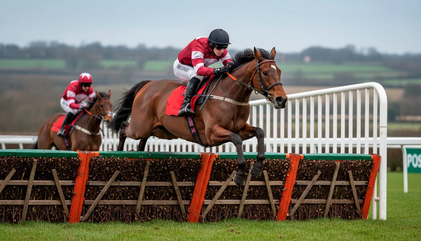 National Hunt jumper clearing a birch fence at a British jumps course with the finish line straight behind