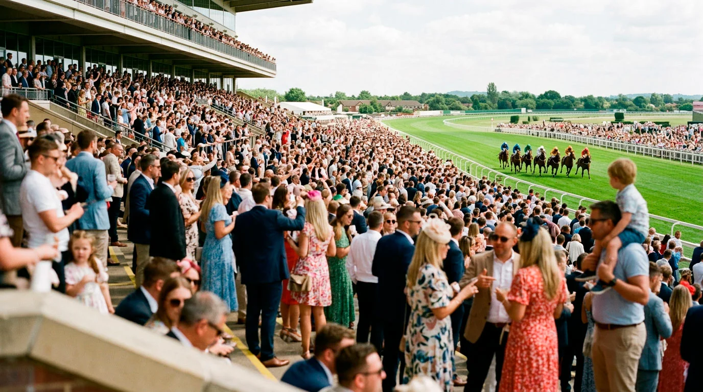 UK racing crowd watching a Saturday meeting from the grandstand on a sunny afternoon
