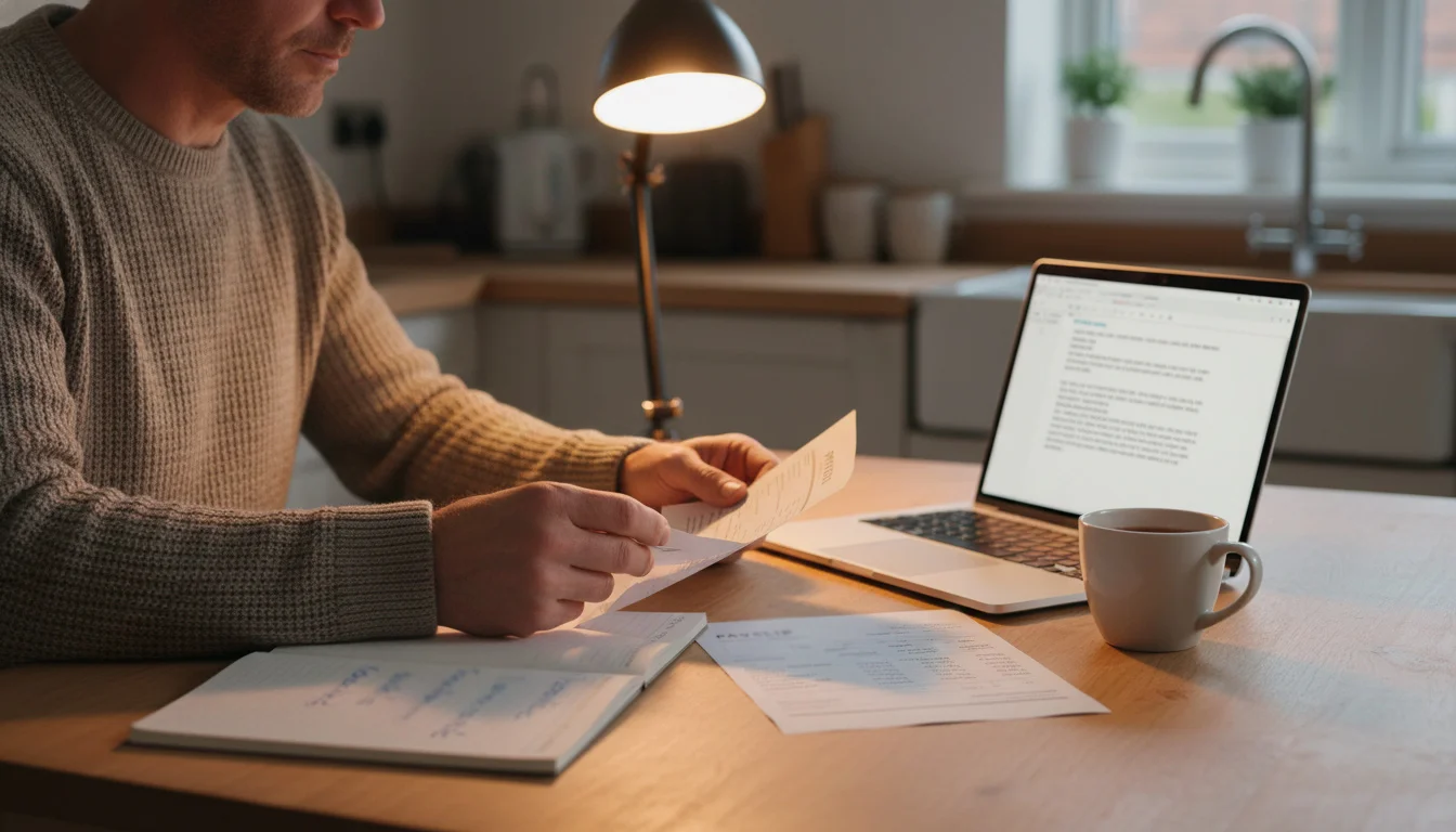 A person at a desk reviewing printed bank and payslip documents next to a laptop showing a plain document view