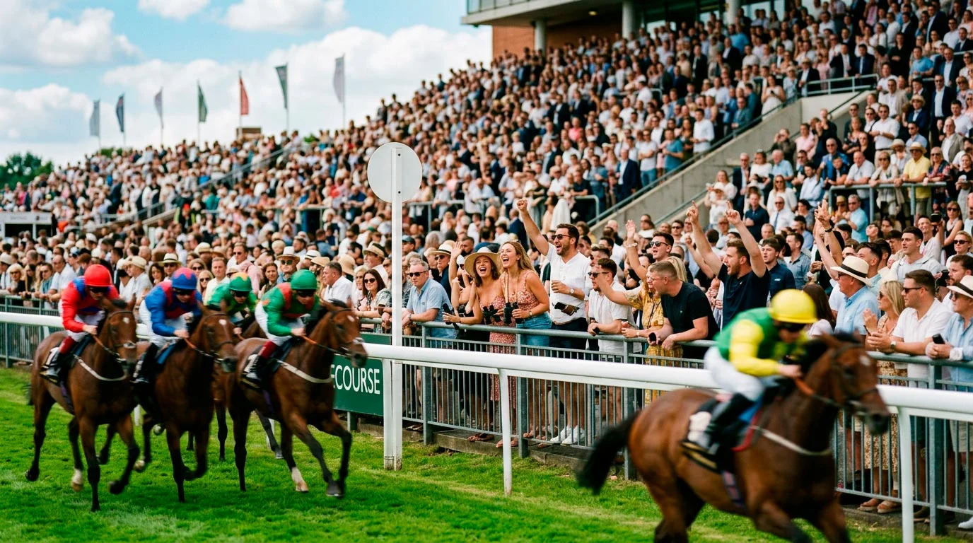 Crowded grandstand at a UK racecourse during a summer meeting
