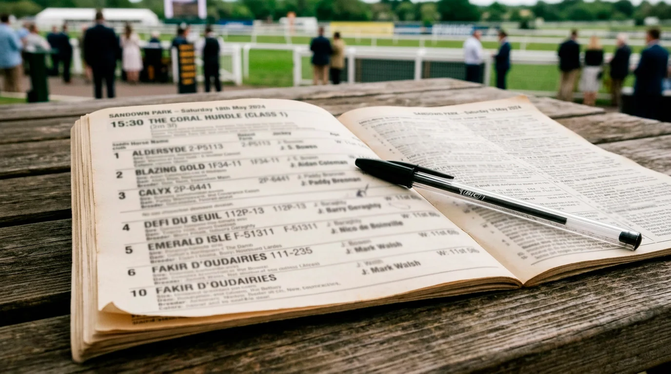Close-up of a printed UK racecard with form figures and weights highlighted