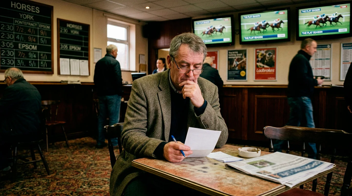 Punter sitting alone at a table in a UK betting shop holding a blank betting slip