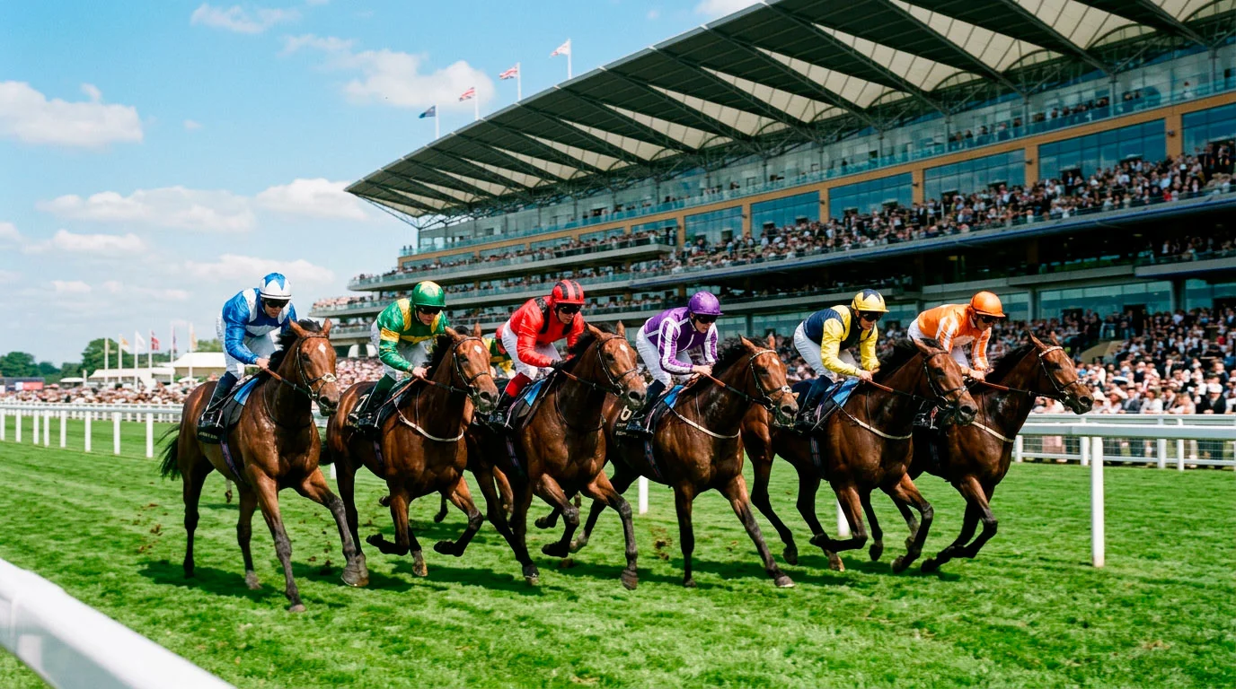 Runners in a Royal Ascot race approaching the winning post on the straight mile