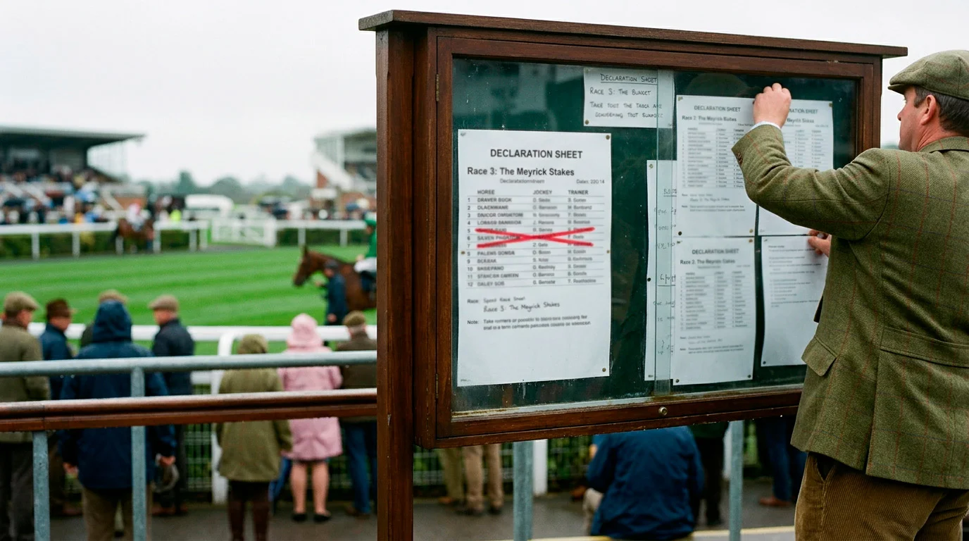 Racecourse notice board at a UK meeting showing a horse withdrawn before the race