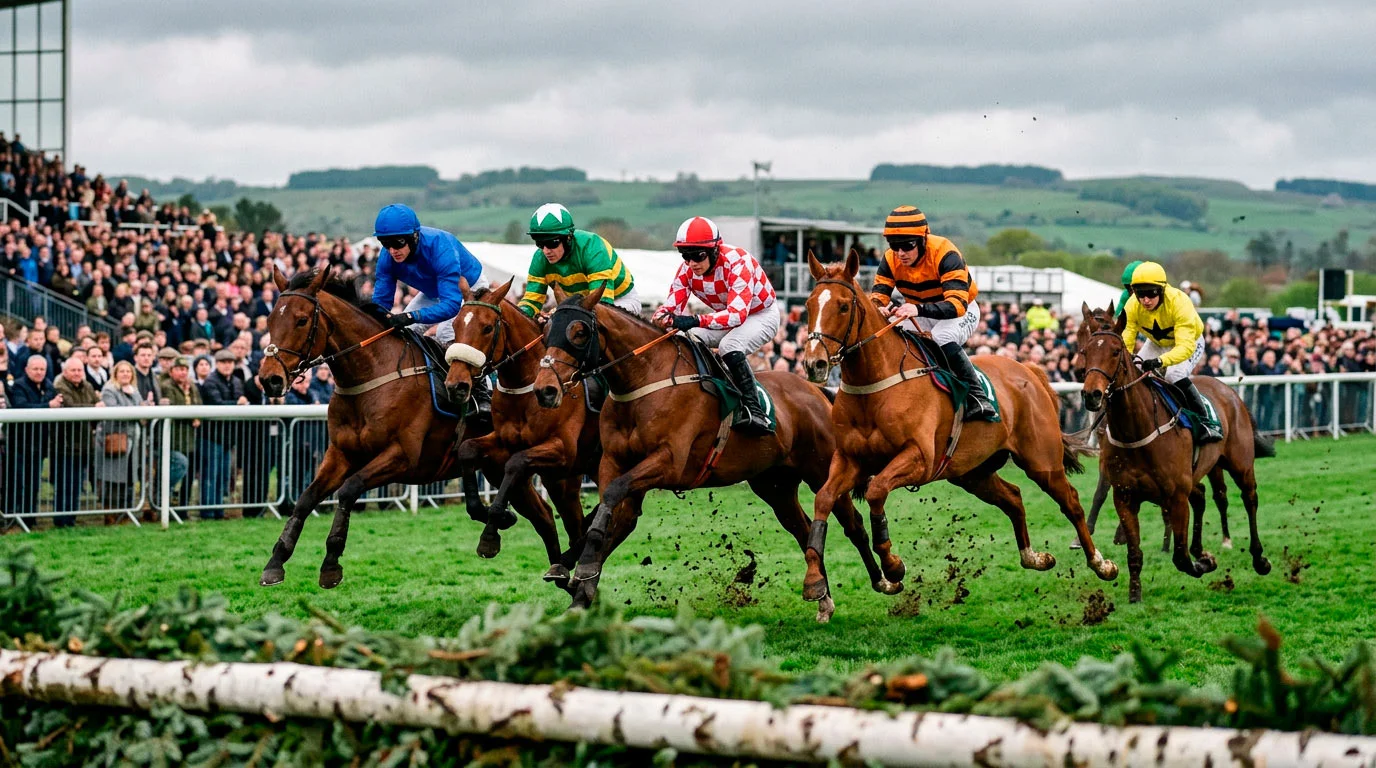 Horses jumping a fence at Ayr Racecourse during the Scottish Grand National