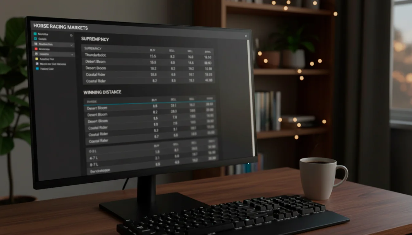 Spread betting screen showing supremacy and winning distance markets on a UK horse race