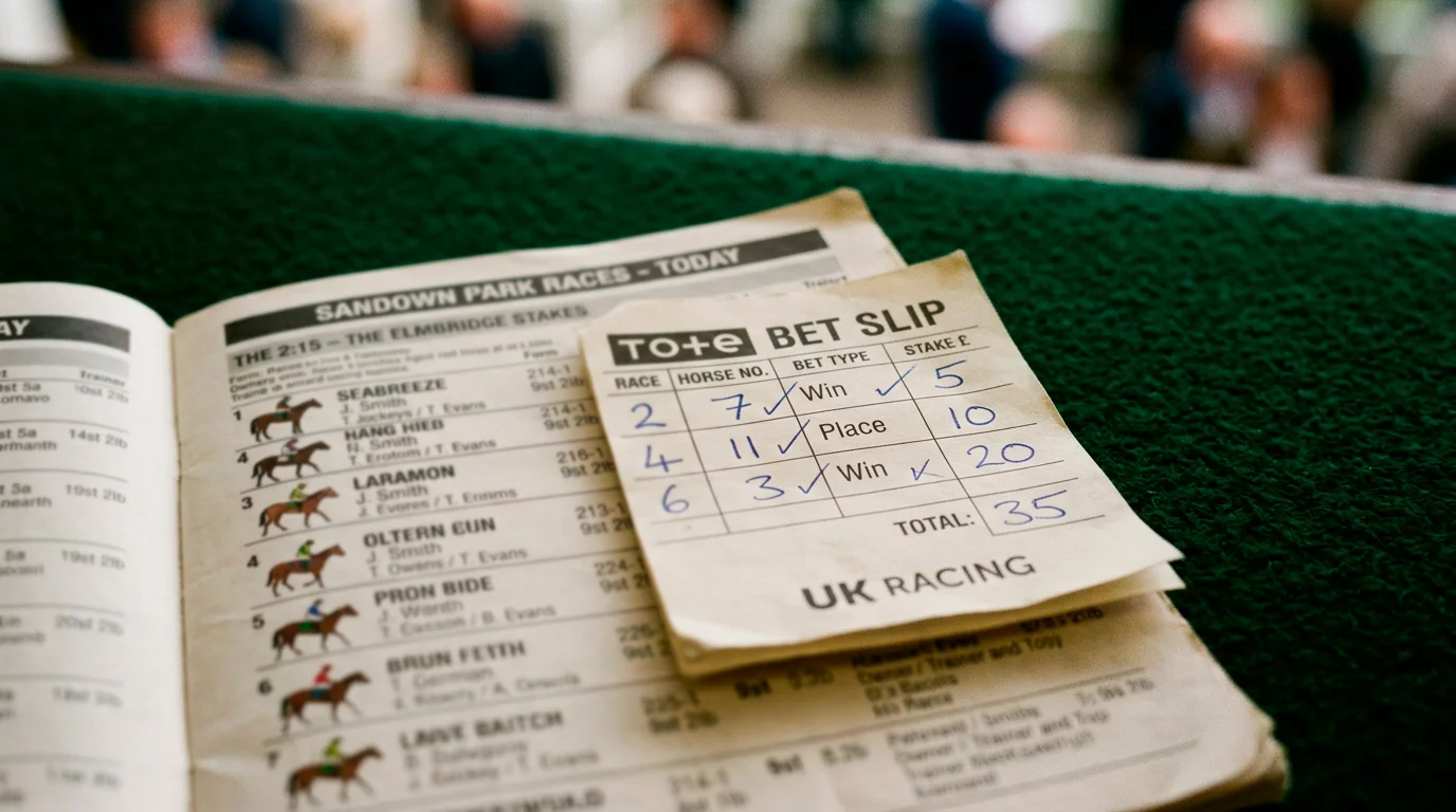 A Tote betting slip and racecard on a turf-coloured background