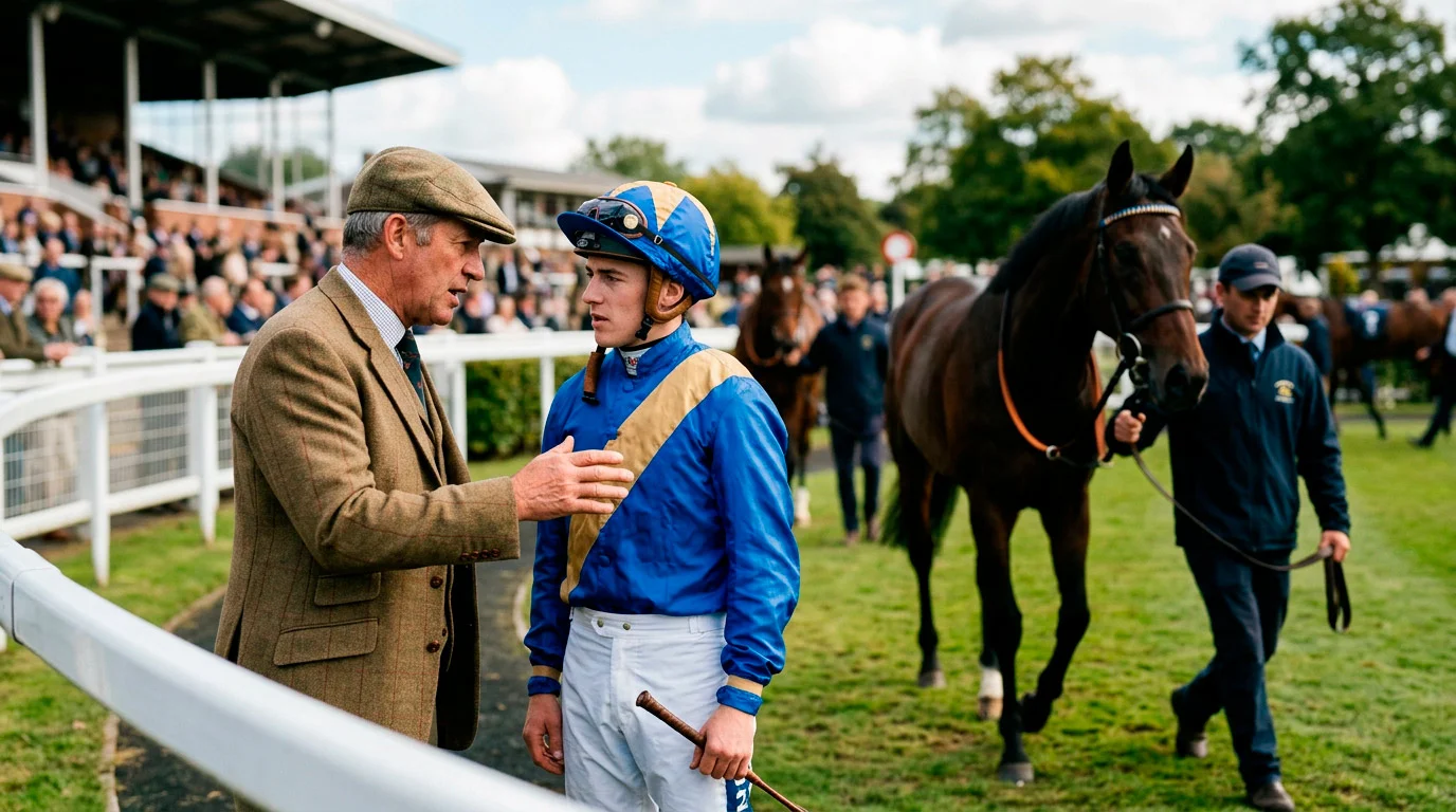 Trainer giving instructions to jockey in the parade ring at a UK racecourse