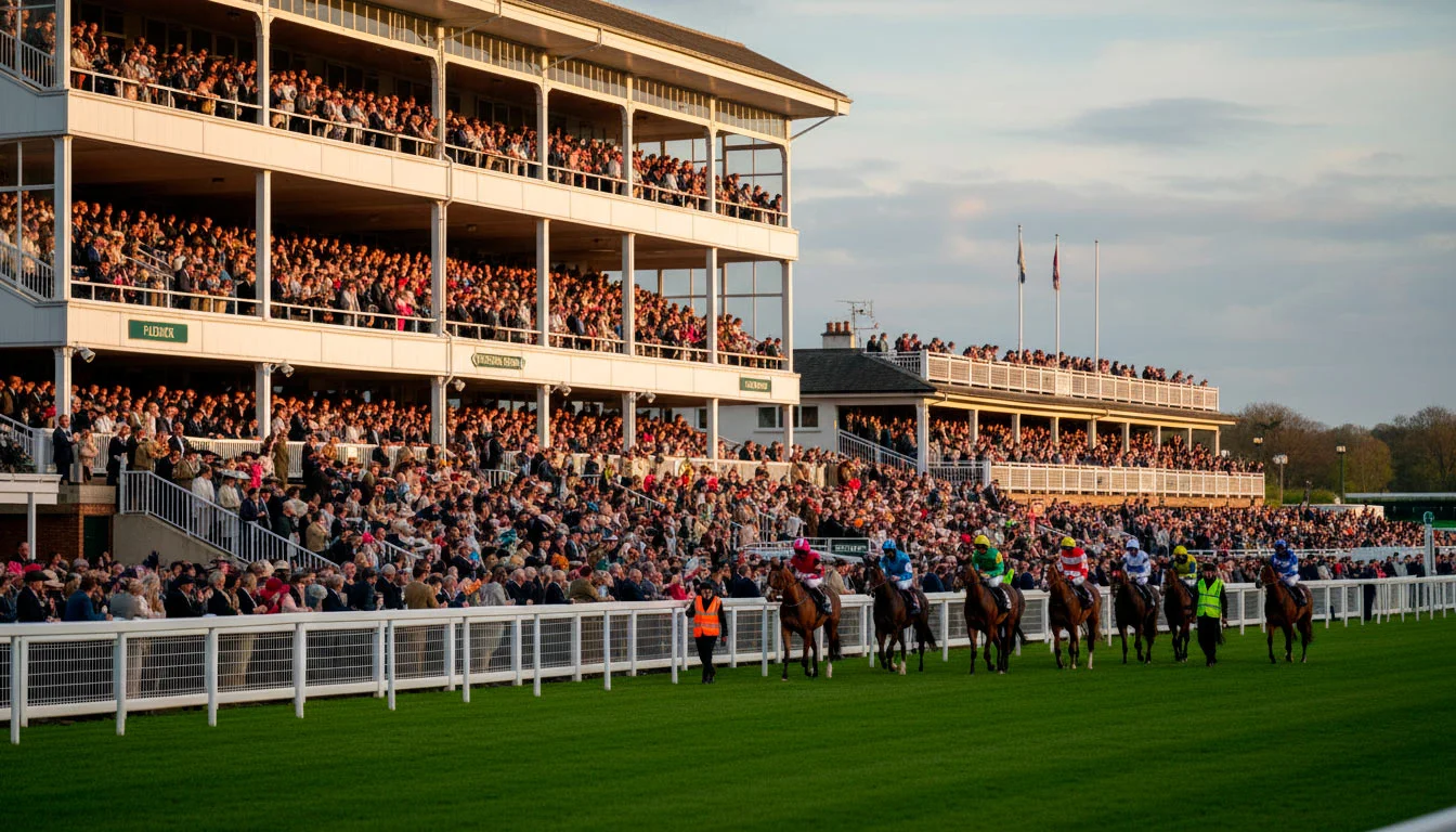 Packed grandstand at a British racecourse on a major race day with punters watching runners on the home straight