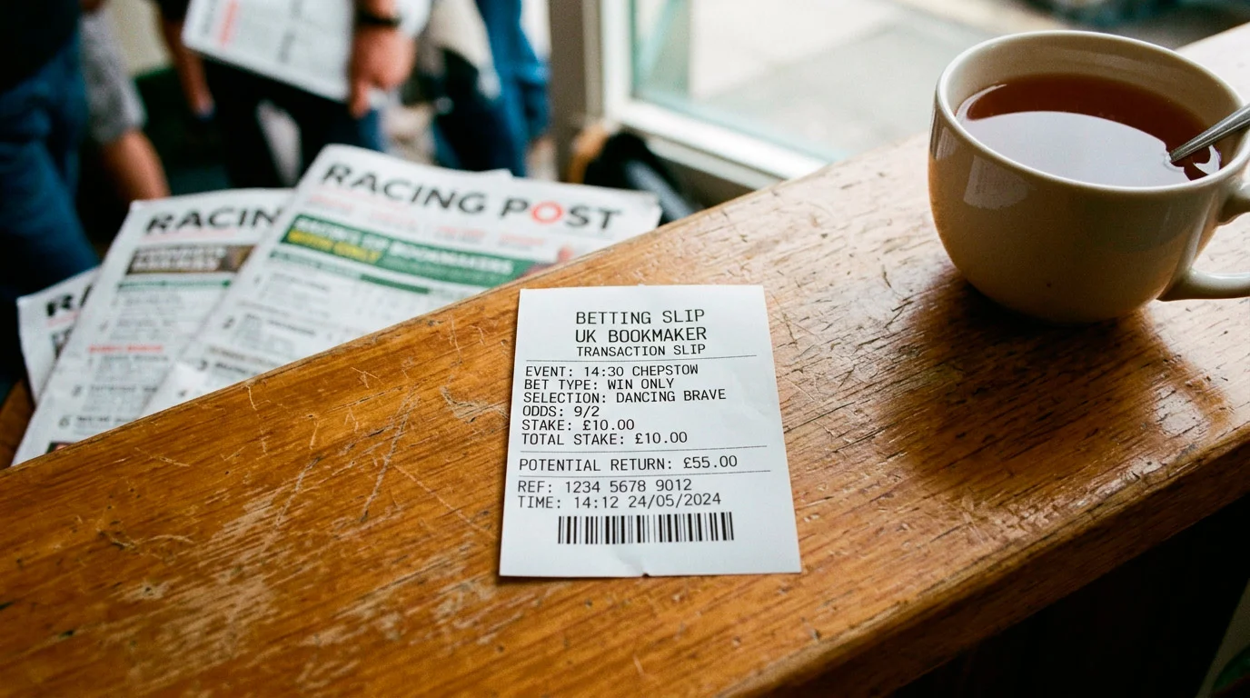 Betting slip marked win only for a UK horse race with the horse's name visible